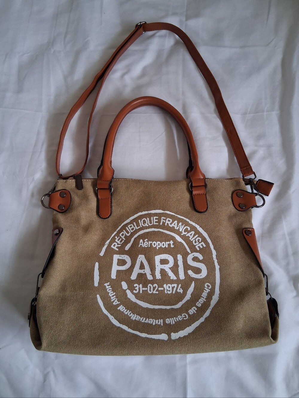 CANVAS PARIS TOTE BAG WITH TAN FAUX LEATHER TRIM